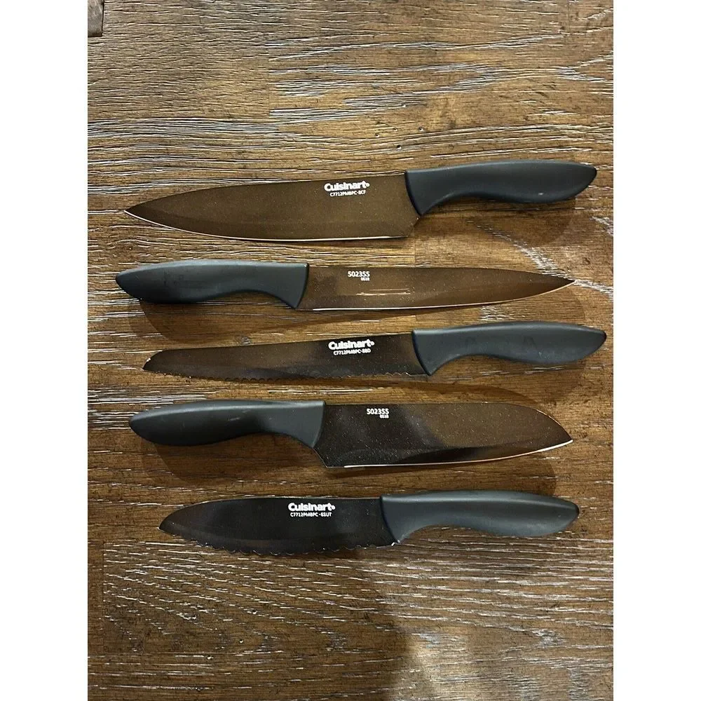 CUISINART Knives Set of 5 Black Plastic Handle Cutlery‎ 502355 0518 With Covers